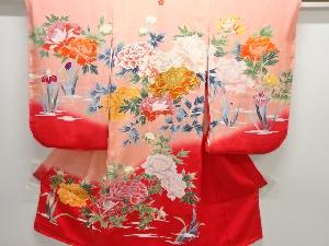 未使用品　牡丹模様刺繍一つ紋子供着物（長襦袢・内袖付き）